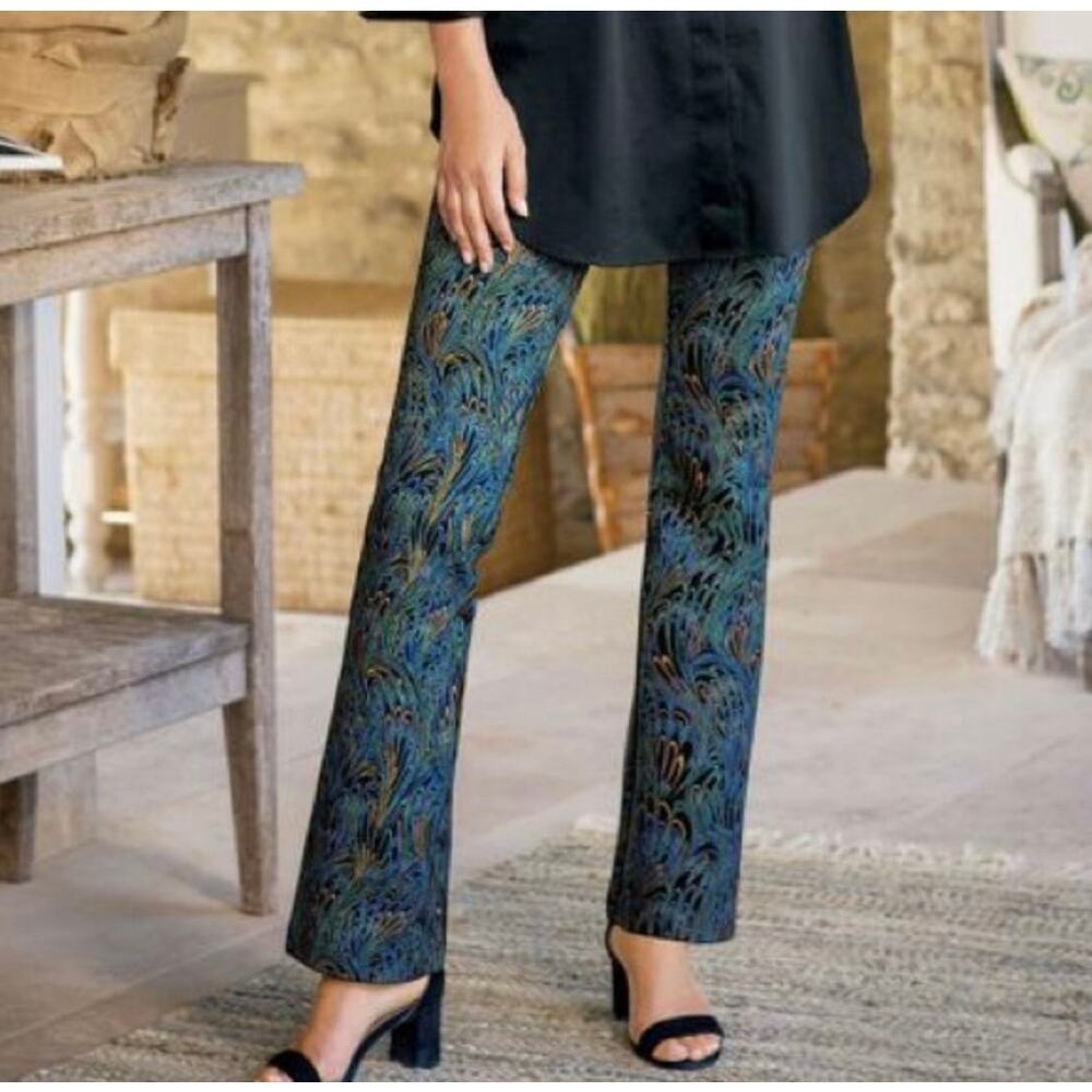 Soft Surroundings Chinoiserie Peacock Marbled Print Pull On Pants Black Small